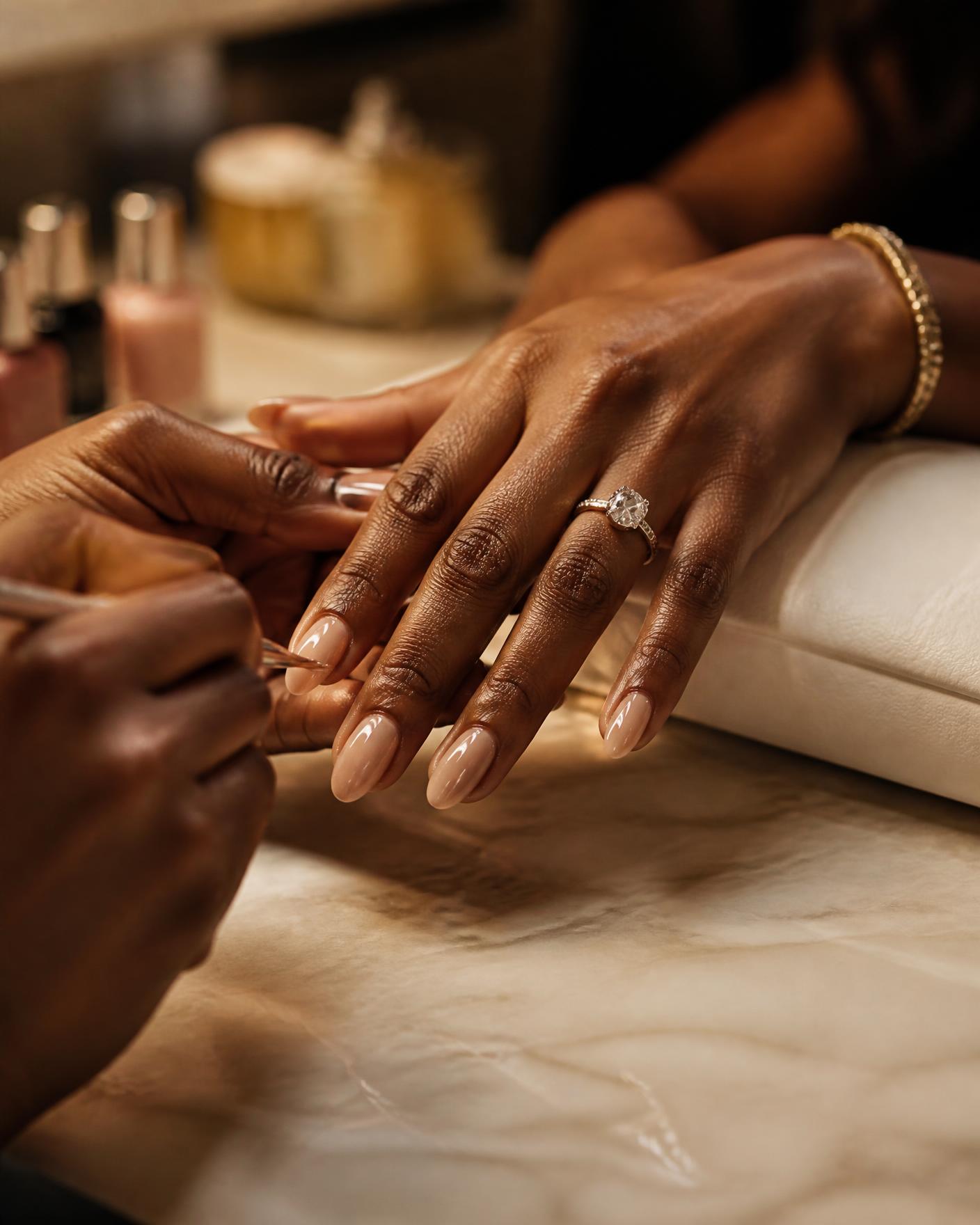 Close-up of a Black woman's hands receiving a glossy nude manicure on warm marble