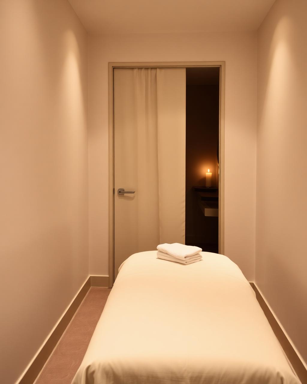 A private single treatment suite with a draped bed, closed door and one candle for discreet intimate care