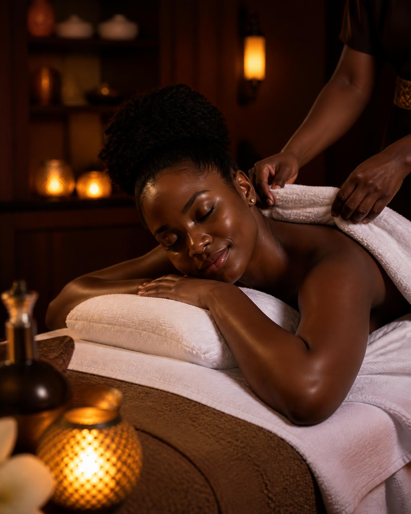 A Black woman resting on a treatment bed in warm candlelight as a therapist drapes a warm towel