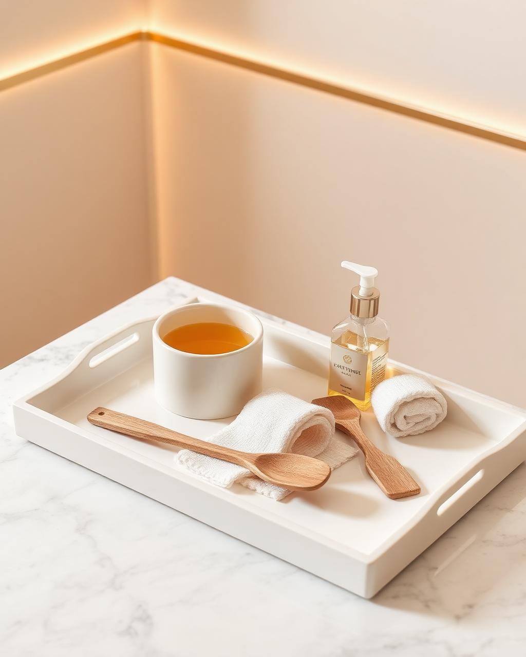 A clean ivory tray holding a warm wax pot, fresh single-use spatulas, muslin strips and soothing oil