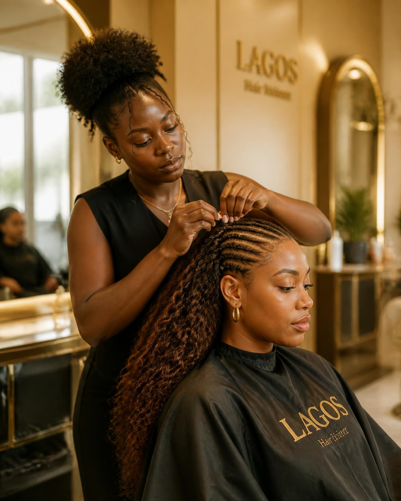 A Lagos stylist braiding a seated client's textured hair in a warm gold salon