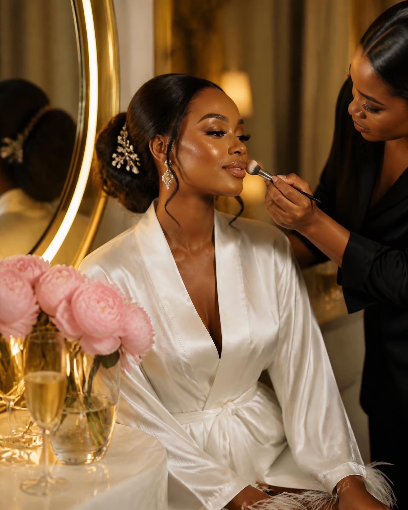A Nigerian bride in an ivory silk robe receiving final glam at a warm-lit vanity