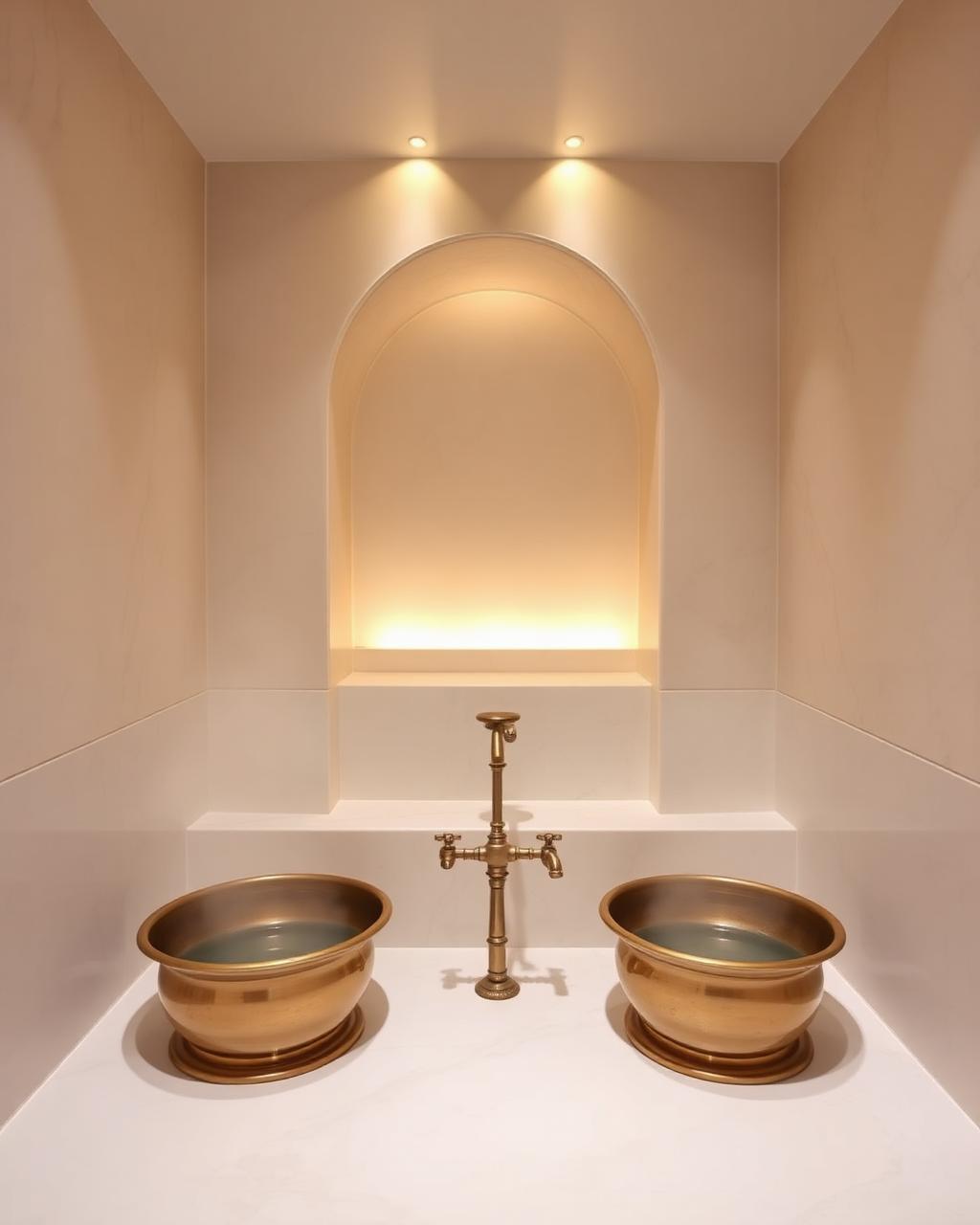 The hammam room in pale marble with brass water bowls and drifting steam
