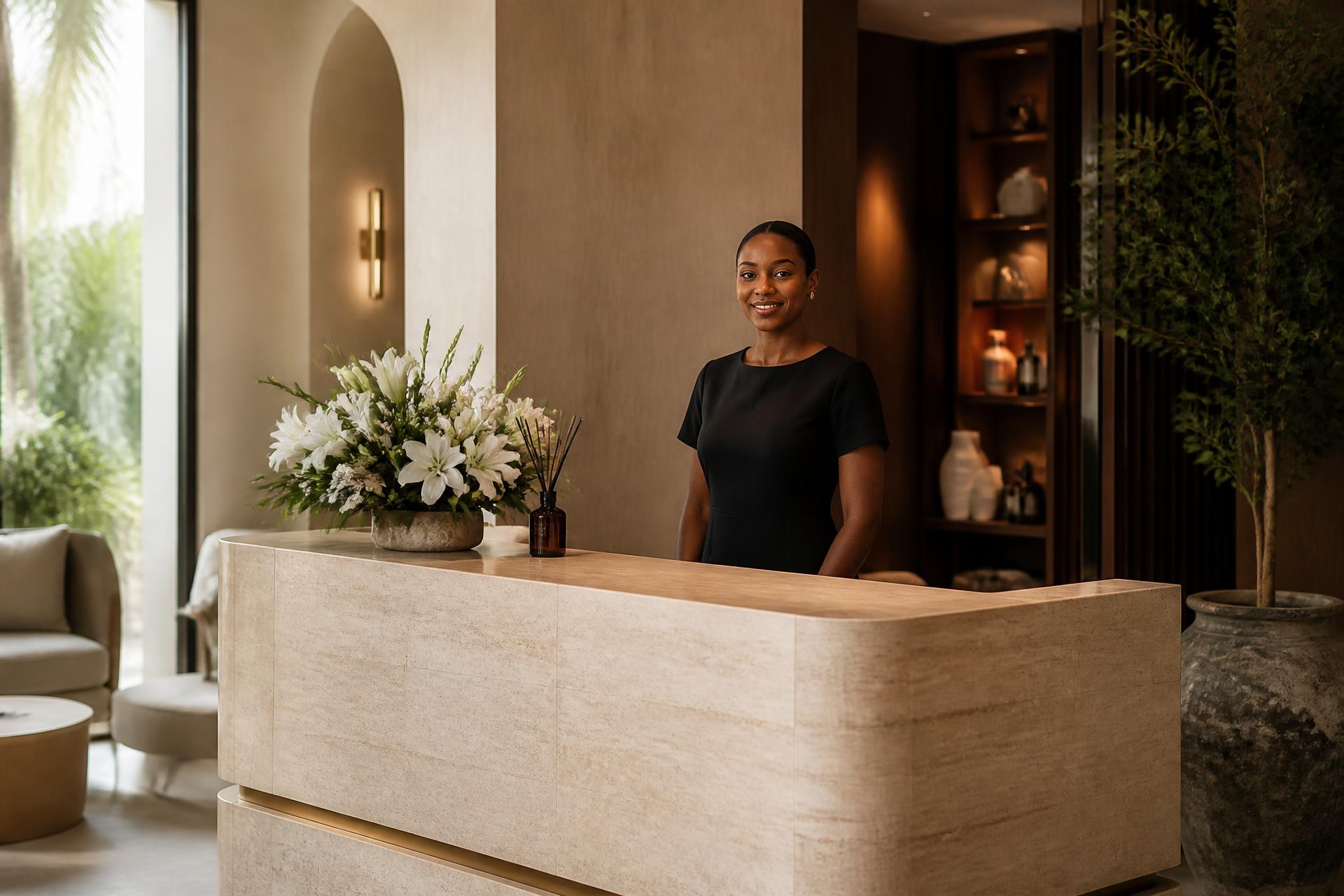 The Glamour Lounge front desk in Ikeja, a receptionist welcoming guests beside fresh flowers