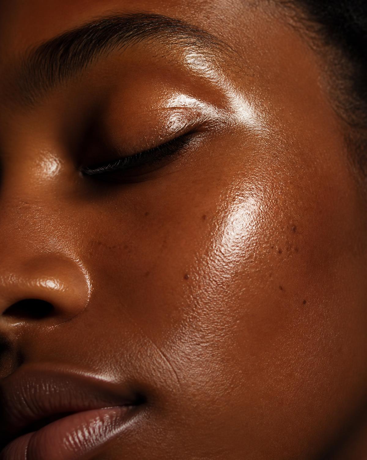 Close detail of luminous deep-brown skin after a facial