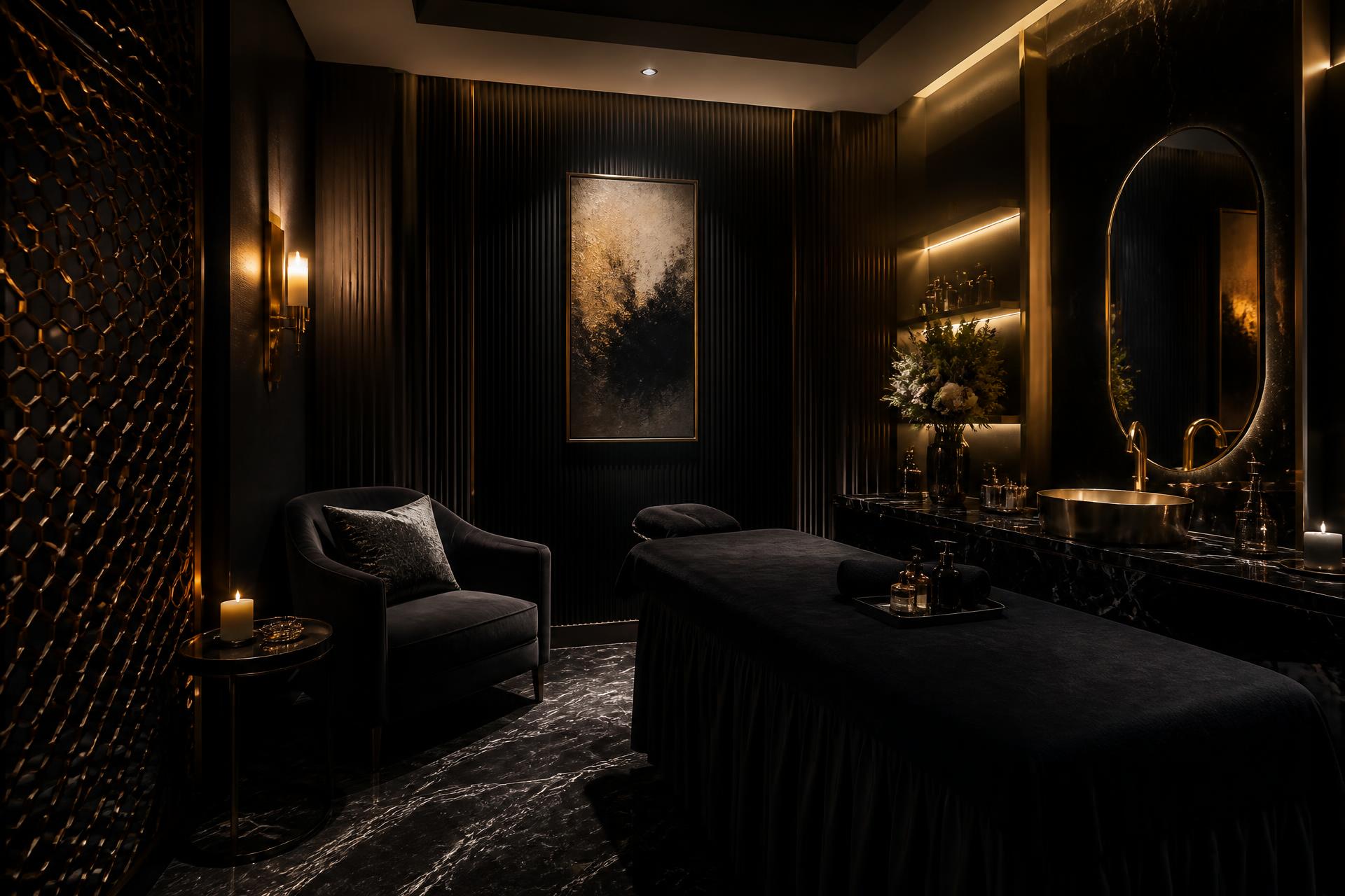 A Black woman resting during a warm-lit spa ritual
