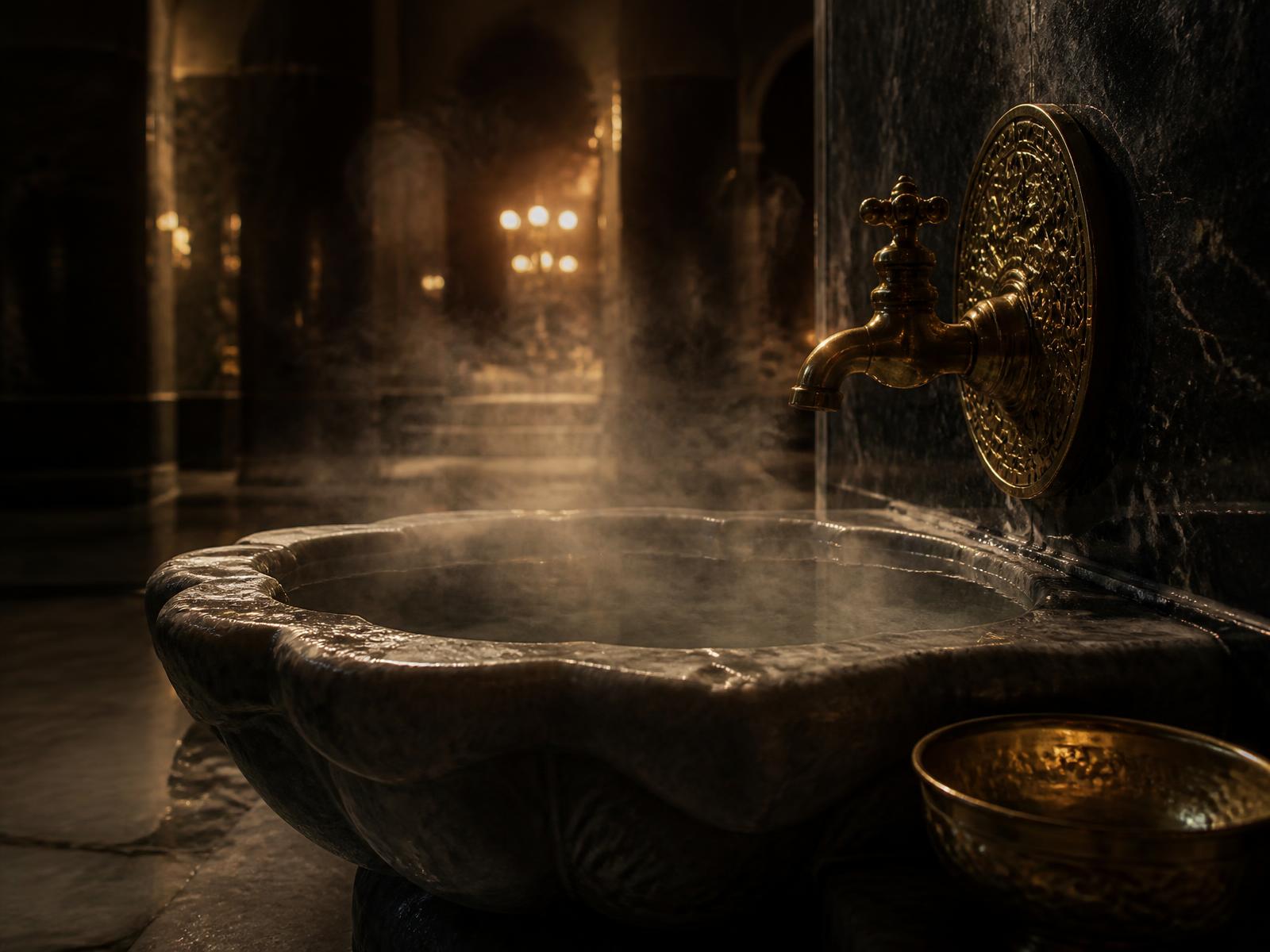 Steam rising over a warm stone basin in the hammam suite